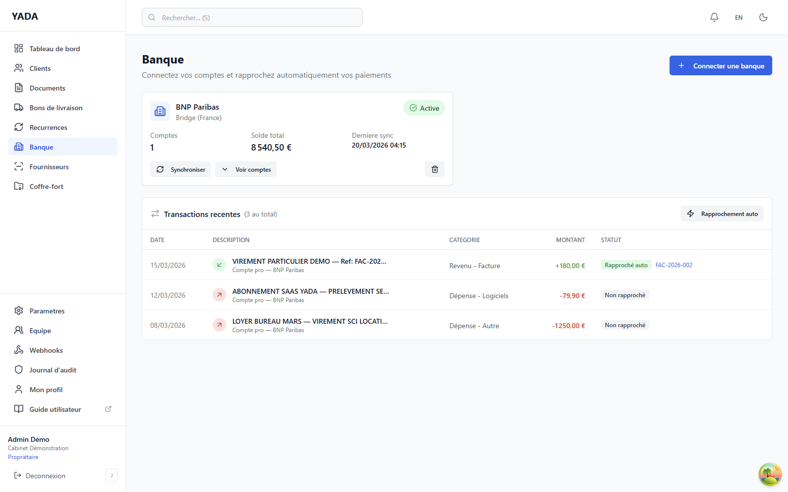 Transaction bancaire rapprochée automatiquement avec une facture