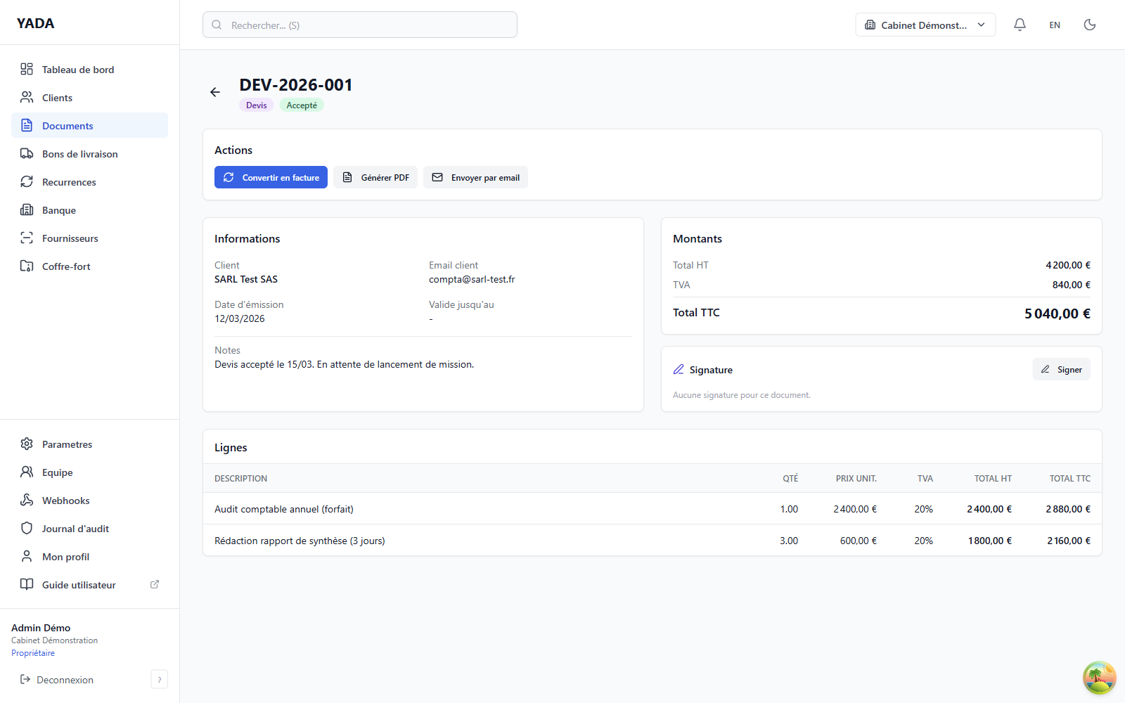 Page d'un devis accepté avec l'action "Convertir en facture" bien visible en haut à droite