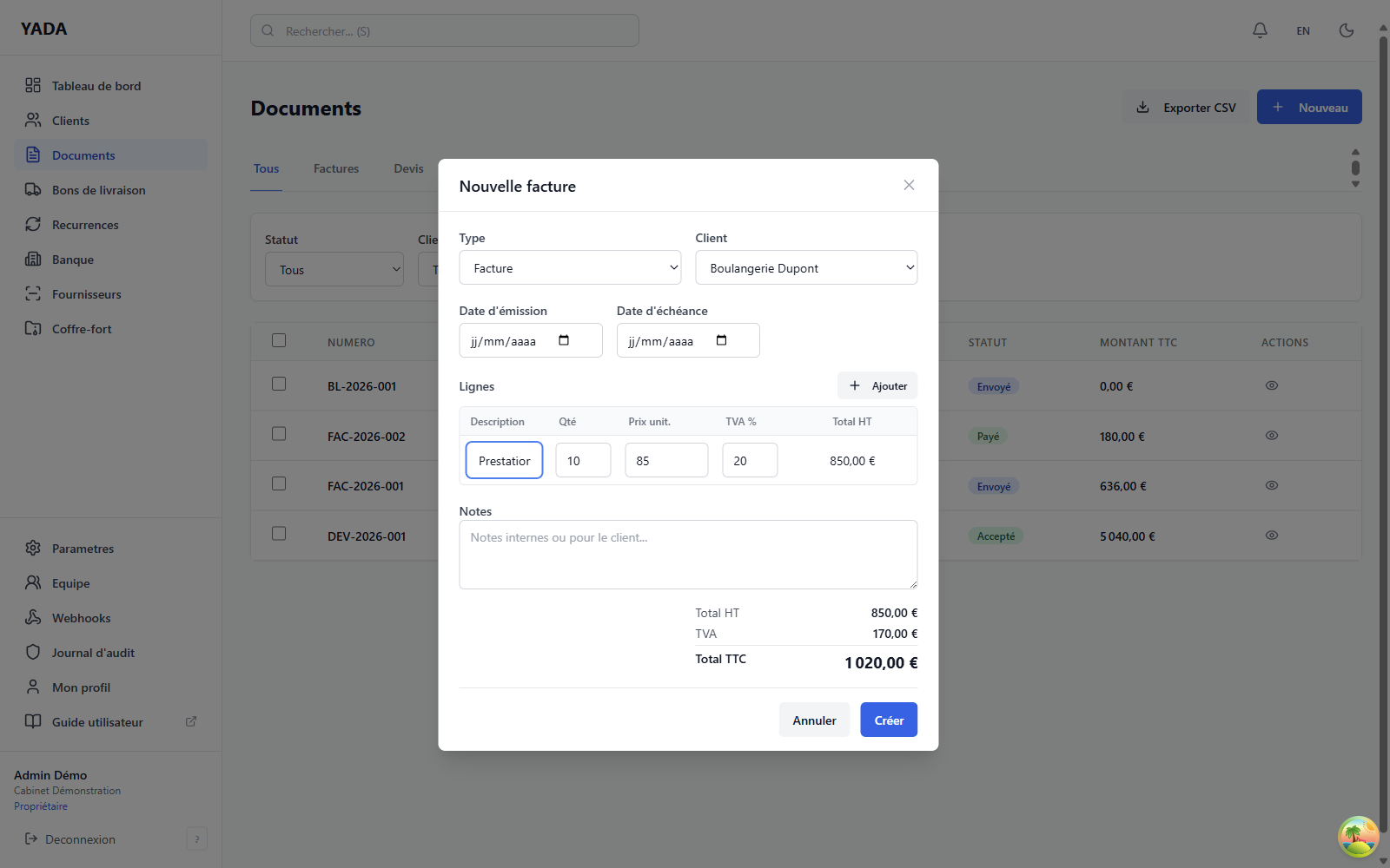 Formulaire de création de facture avec une ligne remplie