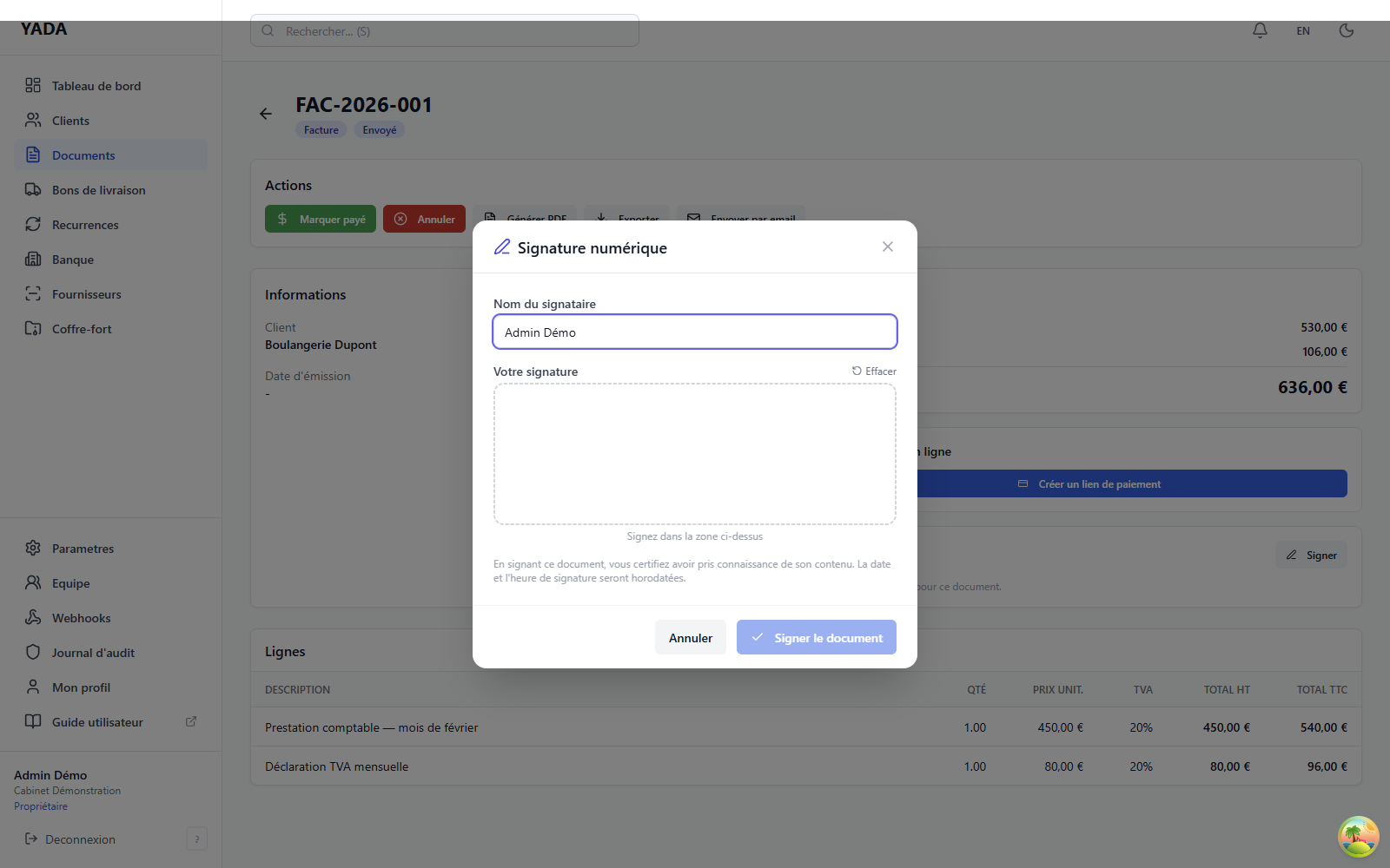 Modale de signature électronique avec nom du signataire et zone de signature